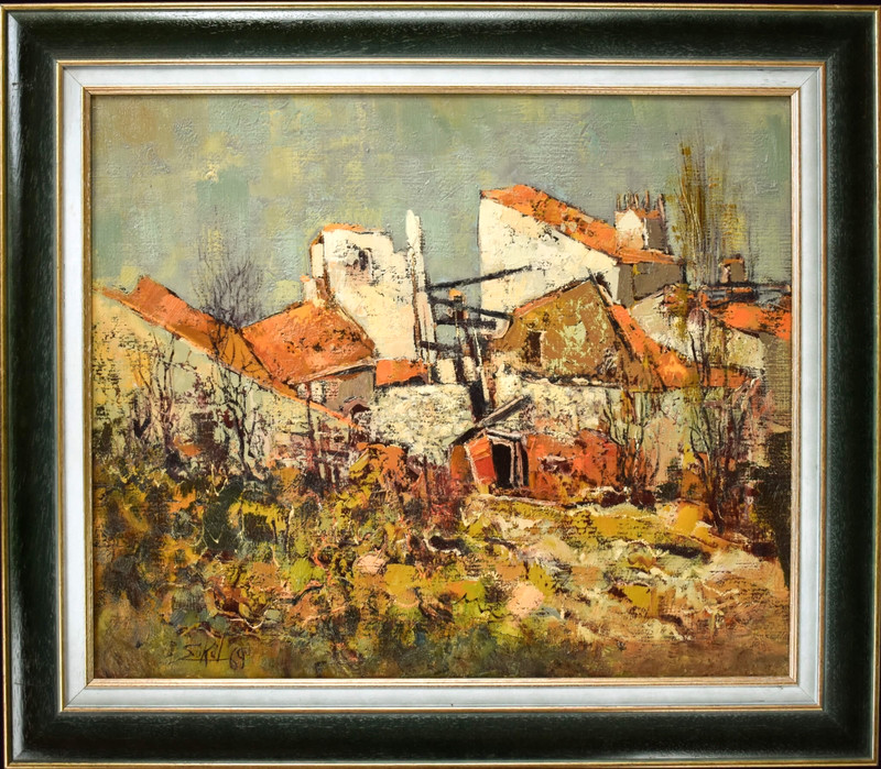 1969 French Oil Painting Village Landscape Jacques Sokol Signed Impressionist