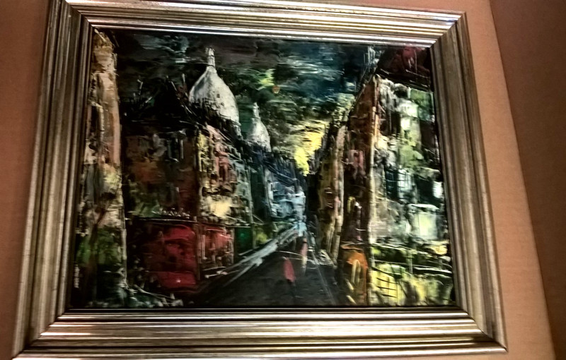 Framed Textured Oil On Canvas Abstract Cityscape Dark Sky/Street/White Domes