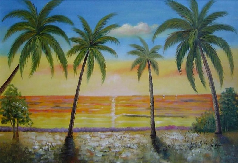24×36 Palm Trees on the Beach at Sunset Oil Painting Naturalism Seascape America