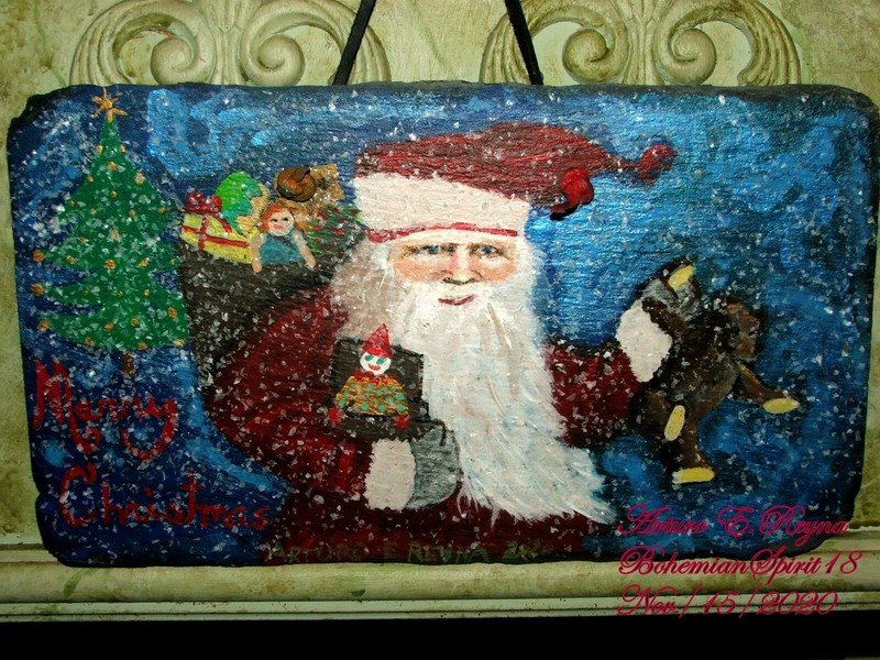 SANTA CLAUS &Teddy Bear Arturo E.Reyna Painted on Hundred years old SLATE Signed