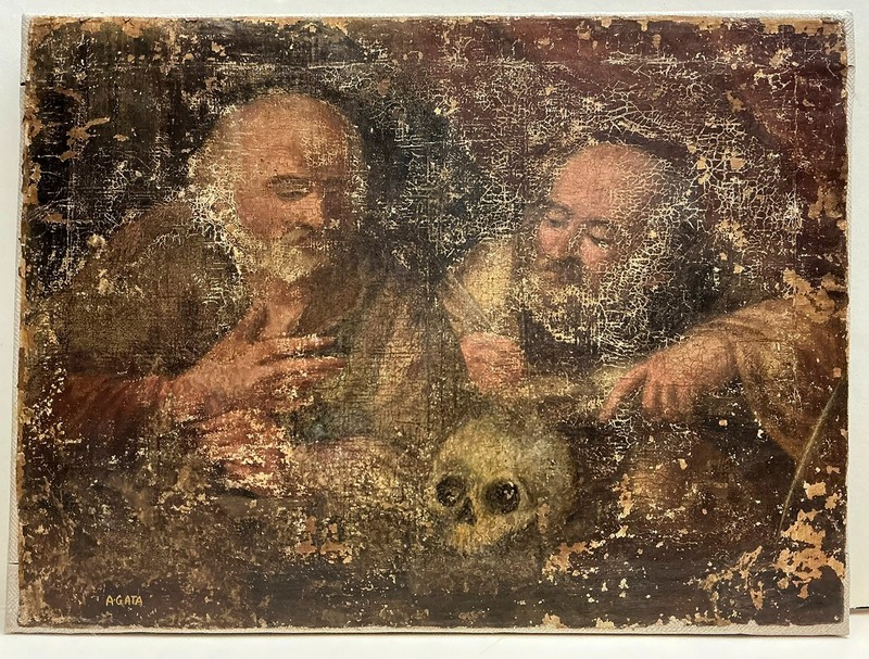 Memento Mori Two apostles Skull Antique 18C Oil Reimagined A-GATA [1302AG]