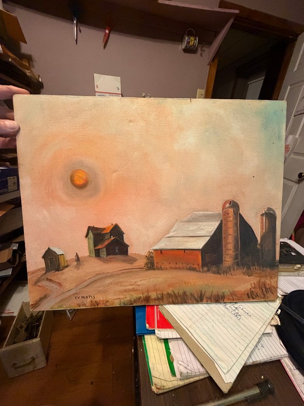 T. V. Motts oil on canvas painting Artist Carbondale, Pa. Farm & barn 20″x16″