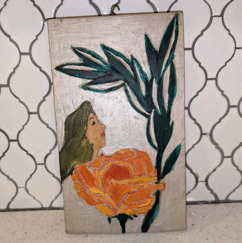 Beautiful Vintage Hand Painted Wood Art 10×6, Girl And Flower