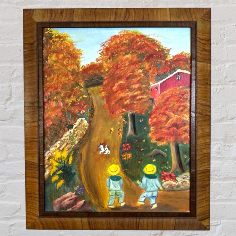 Vintage Original Oil Landscape Painting Beautiful Burl Wood Frame 25×21