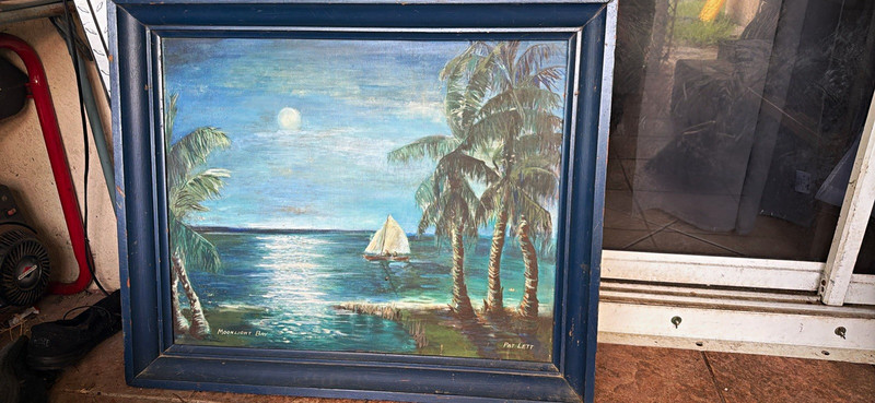 Pat Lett Moonlight Bay Framed Signed Seascape Painting Sailboat Palm Trees Moon
