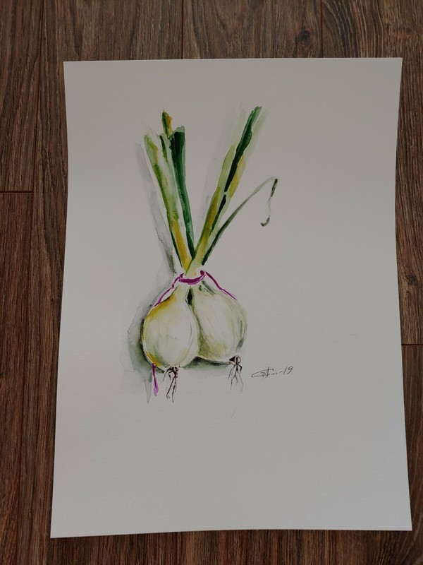 Watercolor original painting »still life» green onions 11×14»