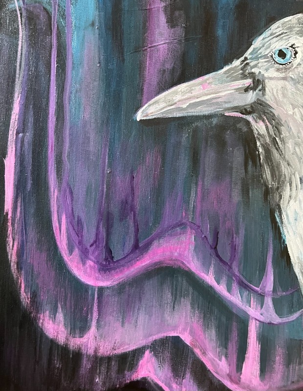 White Raven, Northern Lights Original by Alaskan Artist Judy Vars