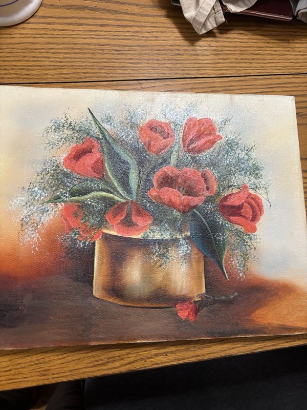 Vgt Oil Canvas Painting Of Red Tulips In A Vase, 14×11”