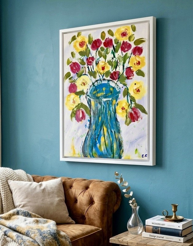 Original OOAK Abstract Floral Still Life Blue Vase Painting Signed Canvas
