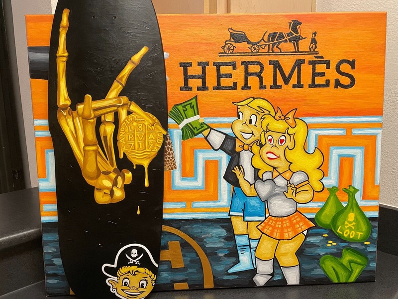 Treasure Painting JR Bissell «Golden Skeleton Hand» Pirate Gold Coins Skateboard