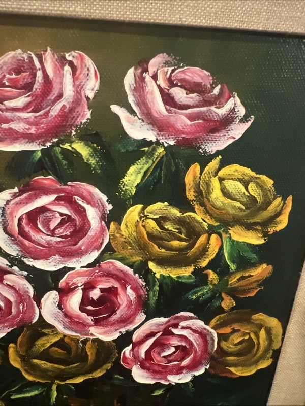 Oil painting bouquet of pink and yellow roses vase Signed gallery