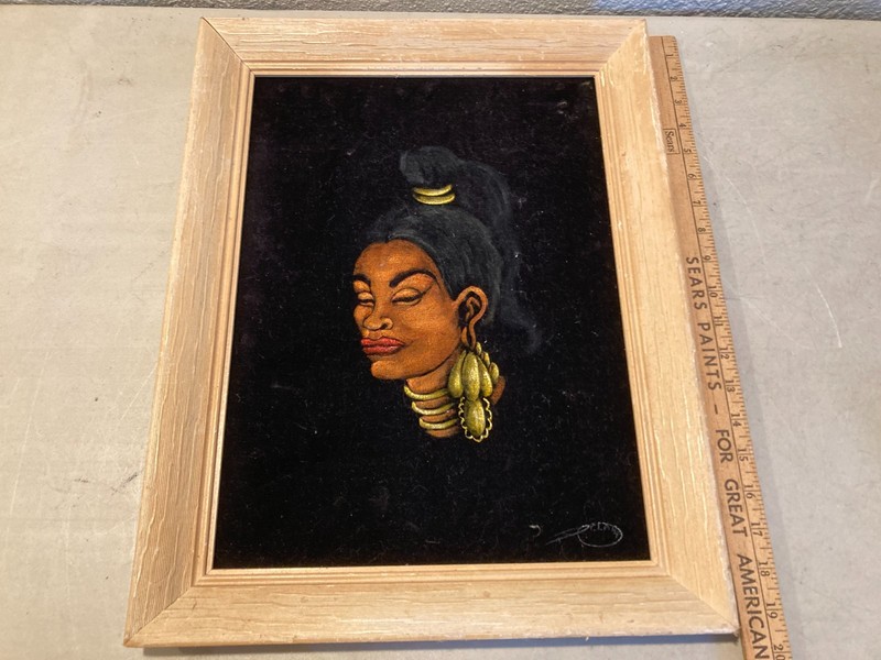 Vintage Framed Portrait Painting Woman Gold Jewelry Black Background Signed