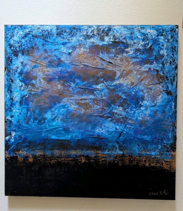 «The Gold Wall» Original 24×24 Blue Abstract Acrylic Painting on Canvas