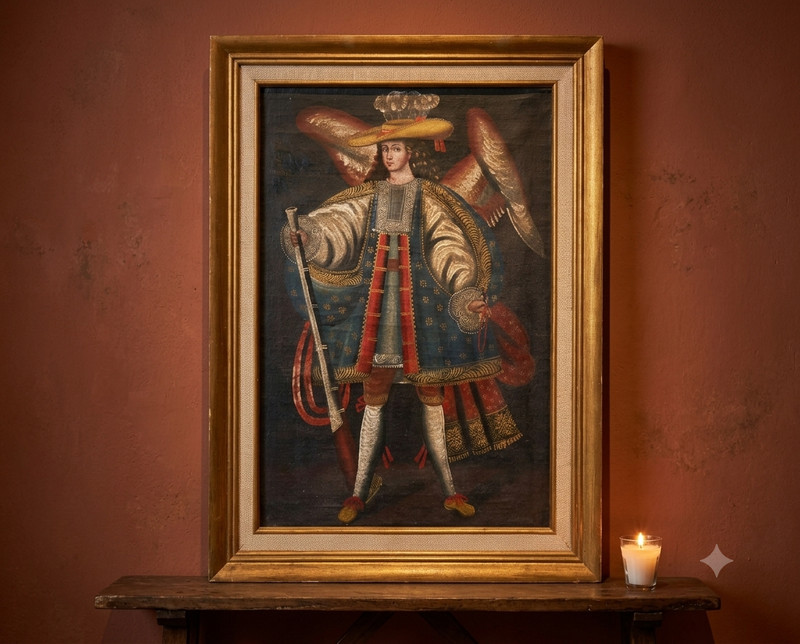 Vintage Cuzco School Angel Arcabucero Oil Painting Peru Framed