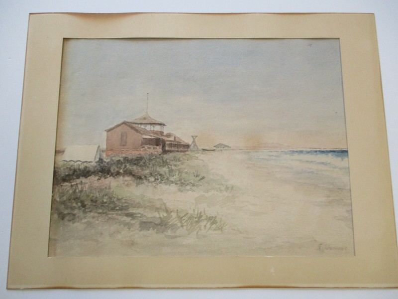ANTIQUE TENT CITY PAINTING LANDSCAPE AMERICAN COASTAL CALIFORNIA LANDSCAPE OLD