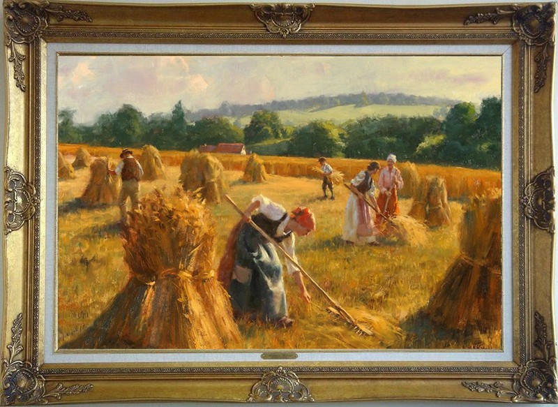 Vintage Realism Oil Painting Peasants Harvesting Wheat in Golden Rural Field