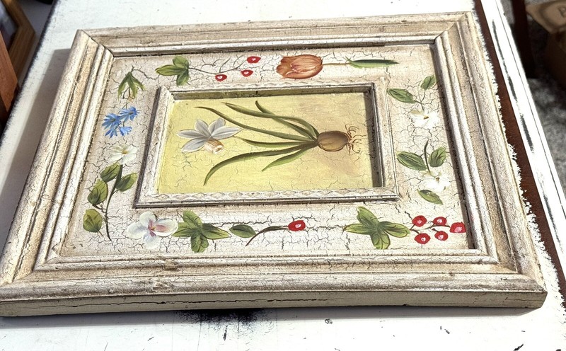 Flower Crackle Look Picture Built In Frame 13x15 Painted Cream, Green, Blue Red gallery
