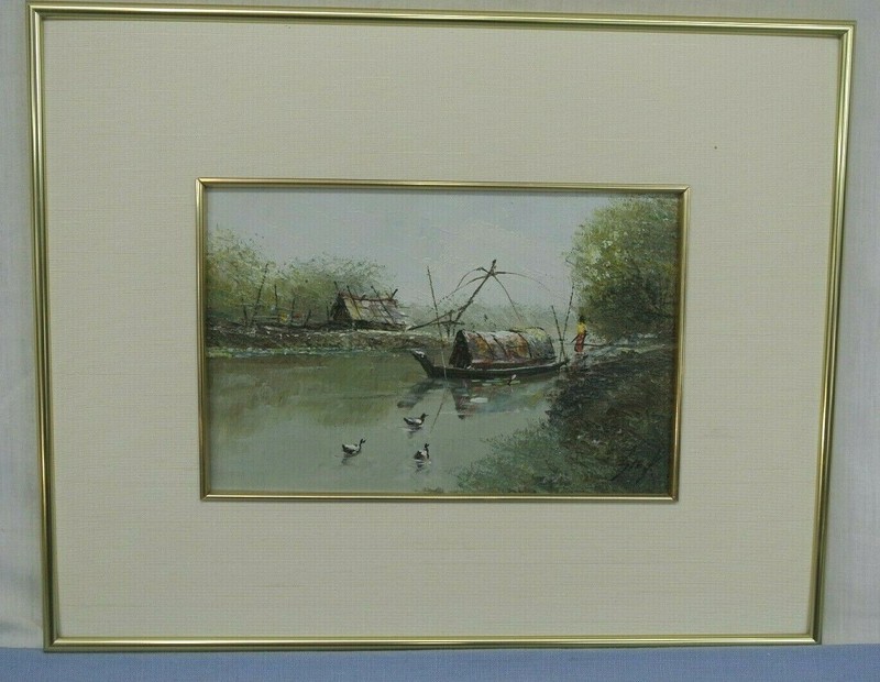 SMALL ORIGINAL OIL PAINTING RIVER FISHING BOAT BANGKOK 1991 VILLAGE LIFE