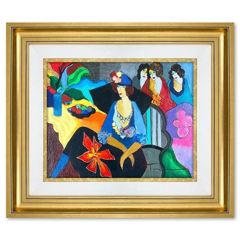 Itzchak Tarkay «Gossip» A Signed One-of-a-Kind, Mixed Media Over Paint on Wood