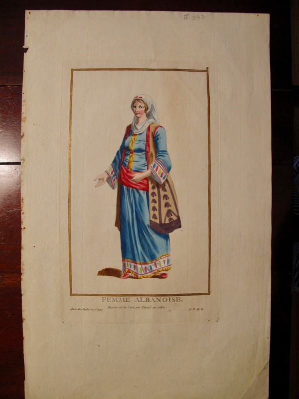 1787 PIERRE DUFLOS HAND-ILLUMINATED ENGRAVING w GOLD FEMME ALBANOISE FAUVEL 1782 gallery