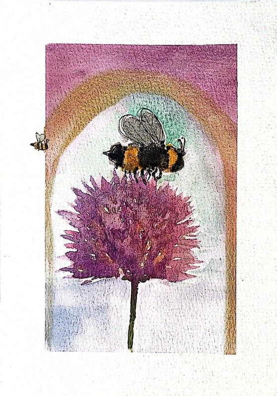 HoneyBee On Clover Contemporary Watercolor Expressionist Original 5×7 Painting