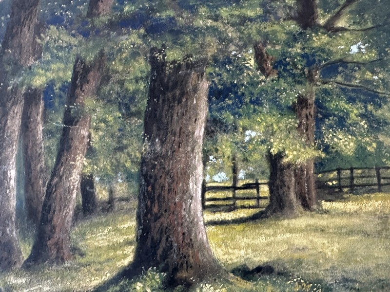 Original Old Pastel Gouache Painting Tree And Park Landscape Signed