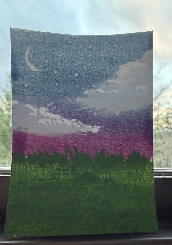 ACEO Sunset Colorful Clouds Original Acrylic Painting T Peebles “Starry Night” gallery