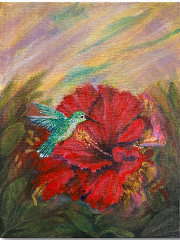 RED HIBISCUS AND HUMMINGBIRD 14x11 Original Modern Art OCEAN ART Interior Design gallery
