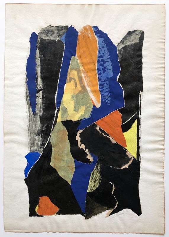 BEATE HULBECK ORIGINAL UNIQUE MIXED MEDIA DADA 1958 COLLAGE HAND SIGNED DATED