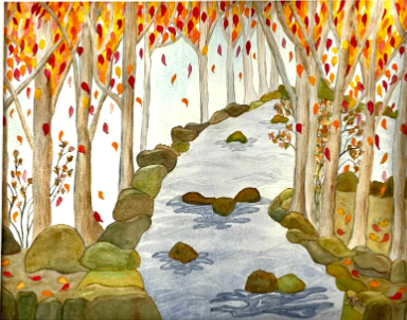 PAINTING WATERCOLOR TREES STREAM FALL LANDSCAPE 11X14 AND DOUBLE WHITE MAT 16X20