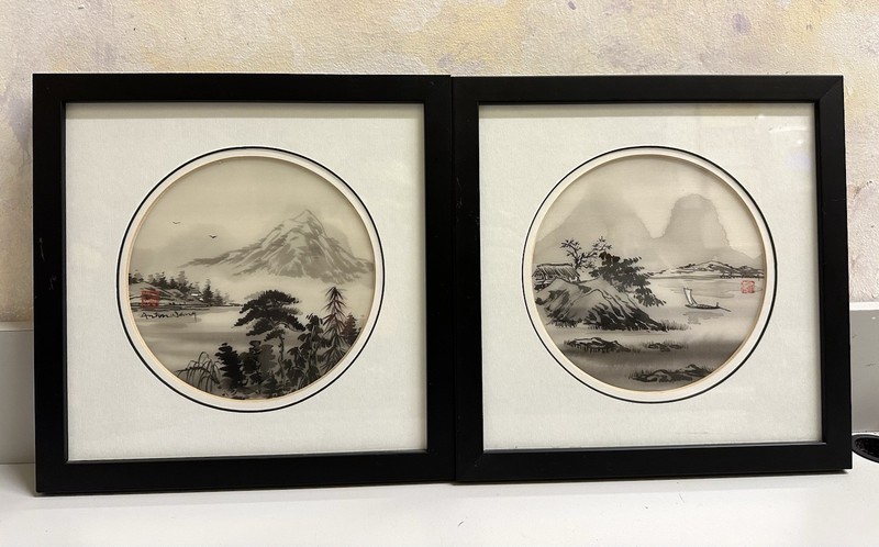 Anton Wang Watercolor Painting Silk Asian Seascape Mountains Framed 11″x11″