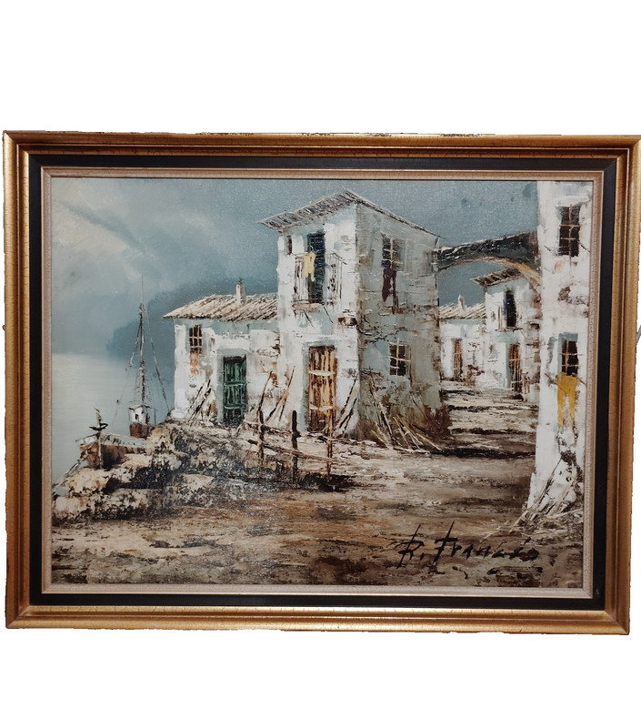 Mediterranean Coastal Village Original MCM Oil Painting ‘R Francis’ 29″x23″ OBO