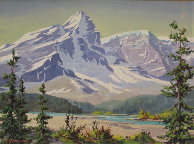 Rare Vintage R. L. Harvey Casein Painting «Mt. Kitchener»