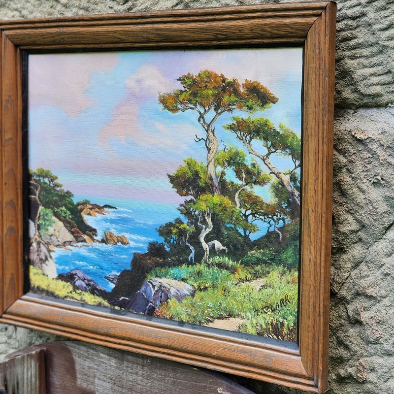 Vtg Acrylic on Canvas Painting Ocean View Framed Artist Signed Trees Water Pink gallery
