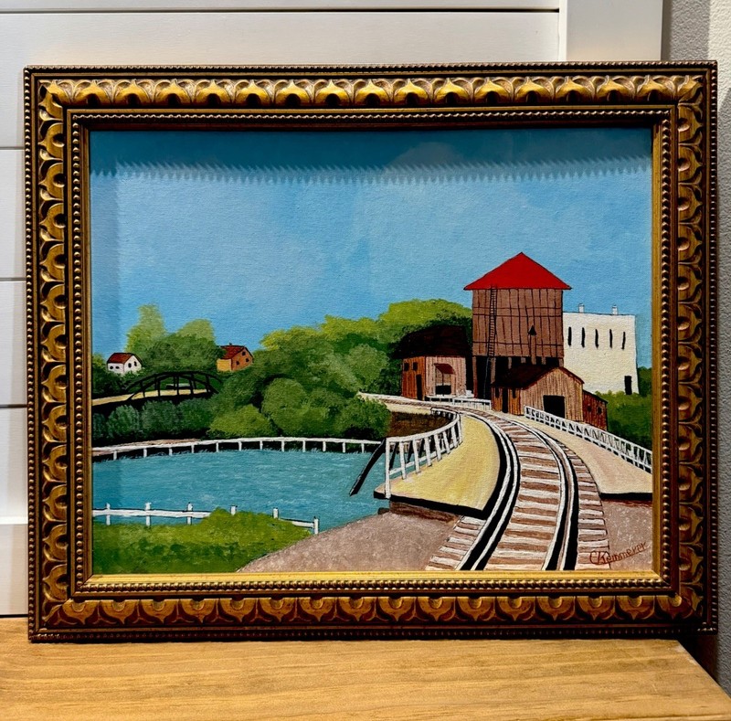 VTG Acrylic Folk Art Railroad Depot Spartensburg, PA Signed Frame Painting 16X20