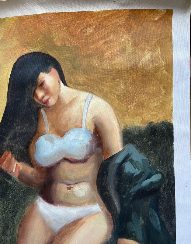 Potrait Woman Brunette Lingerie Realism Oil Painting Original Art 23X19 Unsigned gallery