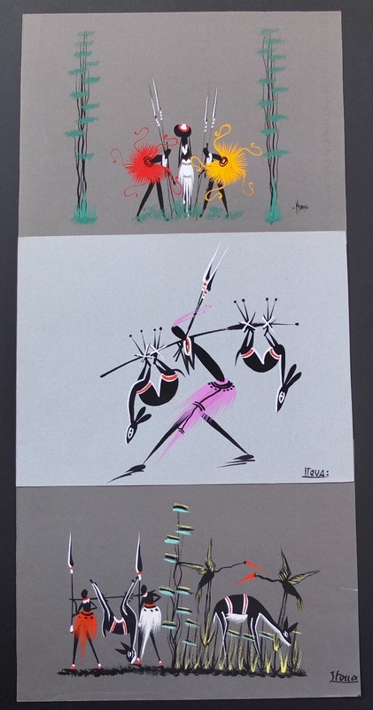 Three Mid-Century Modernist Signed African Tribal Gouache Paintings 10″ X 13″