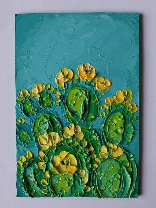 Framed Blooming Opuntia Prickly Pear Cactus Desert Art 4x6 Oil Painting Original gallery