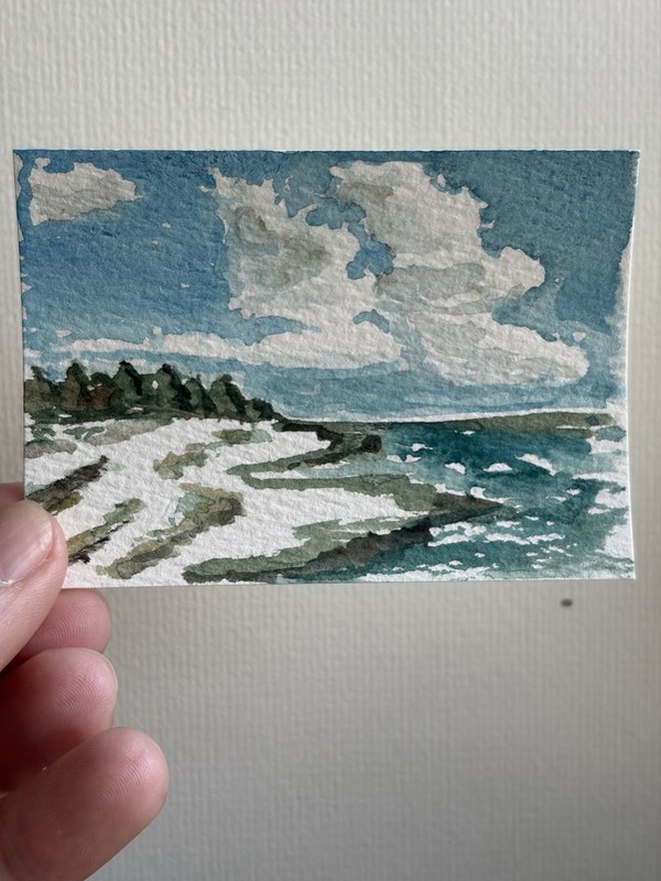 ACEO Original Watercolor Coastal White Sands Clouds Sky By JMJager
