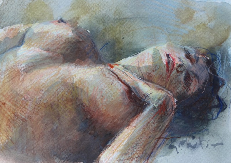 GERRY MILLER. “Nude” watercolor painting on paper. 21 x 15 cm.