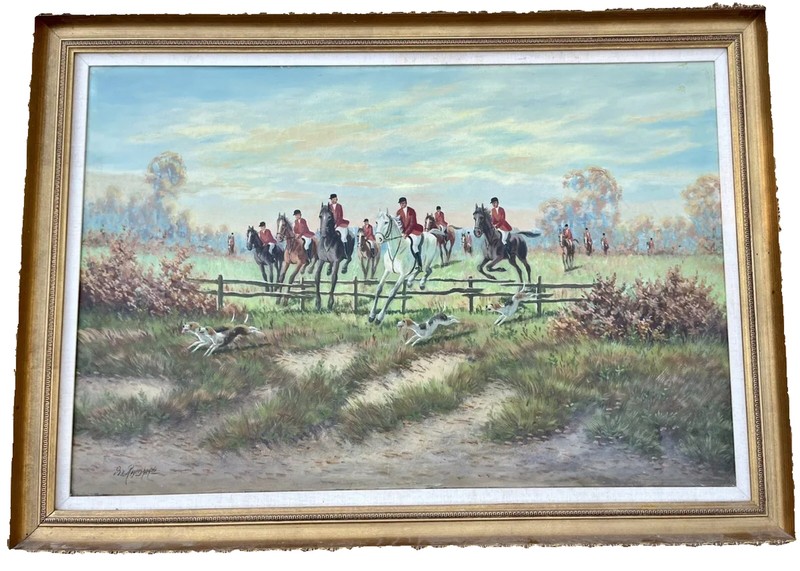 FOX HUNT HORSE EQUESTRIAN HOUND OIL PAINTING ON CANVAS, REYERSHEYDE, VINTAGE