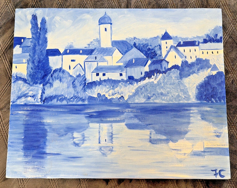 Original 16 x 20 Monochromatic Blue Acrylic Painting Hillside Town & Reflection