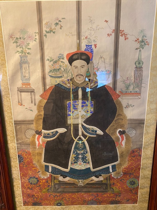 Huge Antique "Portrait of A Mandarin Court Official" Painting - Rosewood Frame gallery