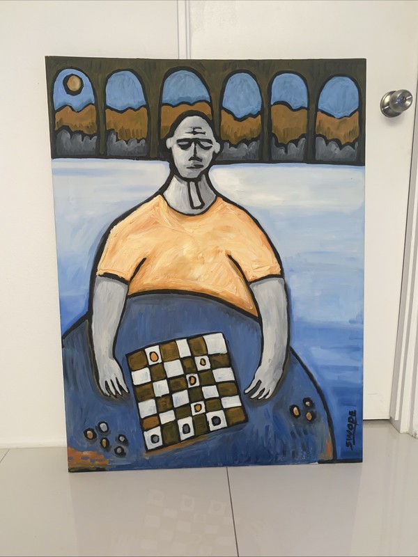 Original Large Painting Chess Checkers Man 40” X 30” Abstract Coffee Shop Art gallery