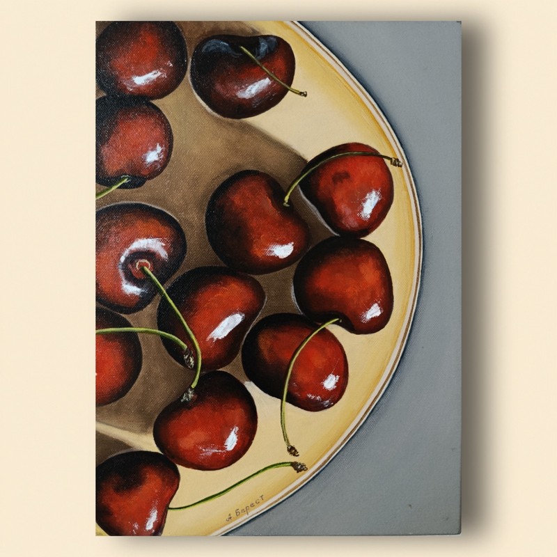 Original Oil Painting Red Cherries Still Life Canvas Art Kitchen Wall Decor