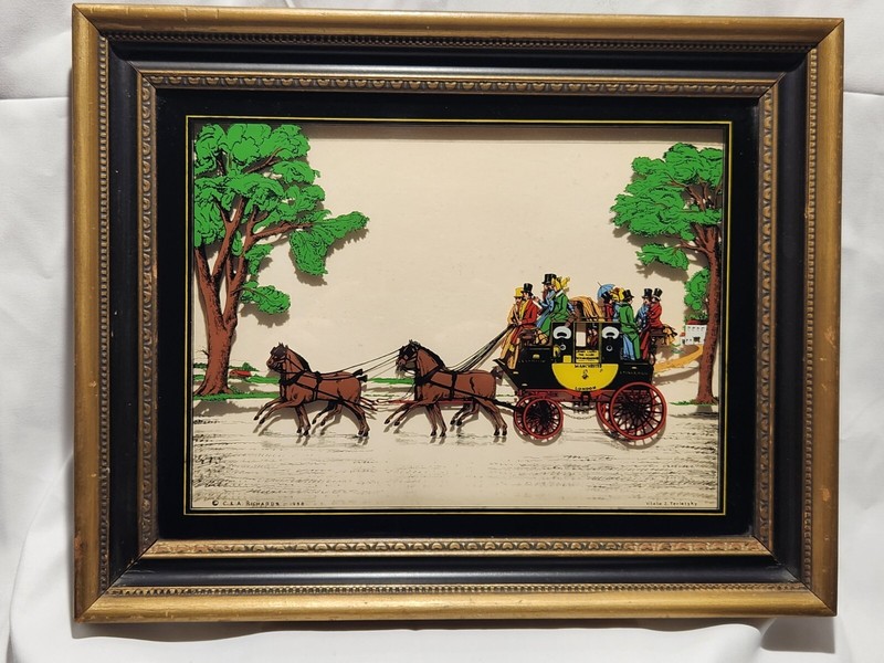 1938 Vitalie Terletzky Reverse Glass Painting Art Horse Carriage Stagecoach