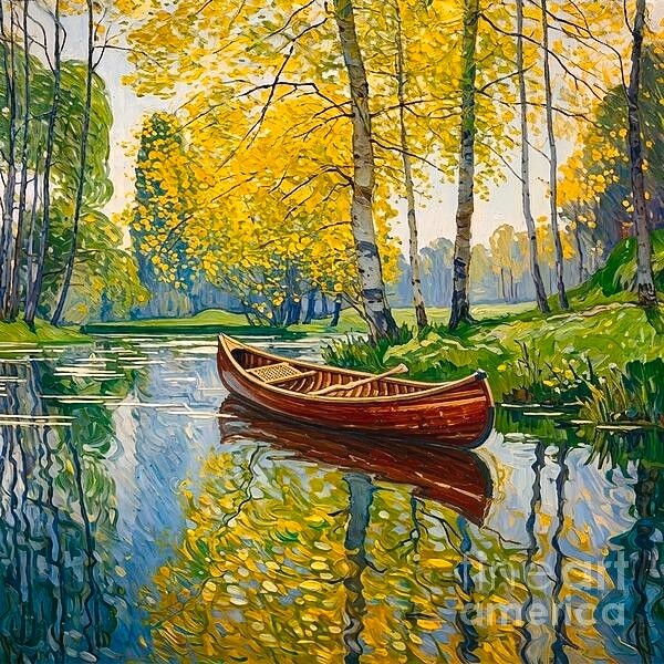 new handmade Painting on 16″*16″ canvas Boat in water reflection by Wendy
