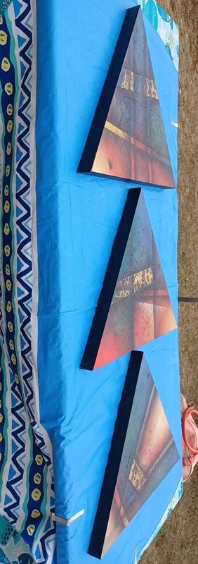3 Triangular Abstract Acrylic on Canvas Paintings Signed "Max"~ 22" X 19" gallery