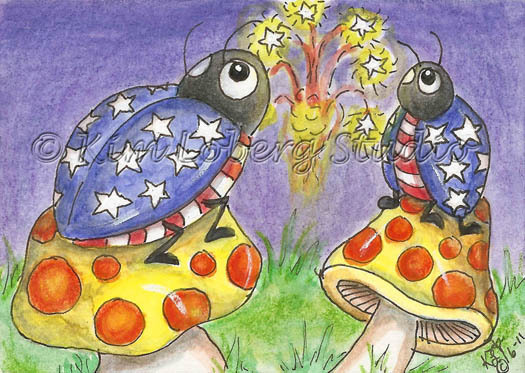 ACEO original patriotic Lady Bug Fireworks Loberg Insect mini tiny Art mushrooms