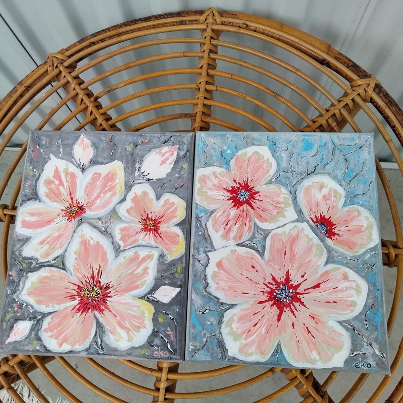 Pair Of 8 X 10 Pink And Gray Tropical Floral Paintings On Canvas